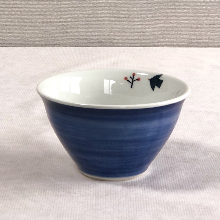 ラーメンうどん鉢 鳥と赤い実 呉須巻